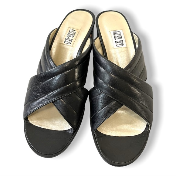 Vintage Alter Ego Black Leather Chunky Heel Open Toe Y2K Slip On Sandal Heels - Picture 6 of 7